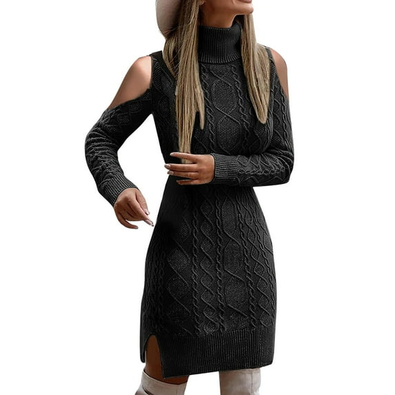 Vedolay Women's Casual Dresses 2023 Fall Winter Women's Long Sleeve Turtleneck Button Down Solid Sweater Dress,Black 4XL