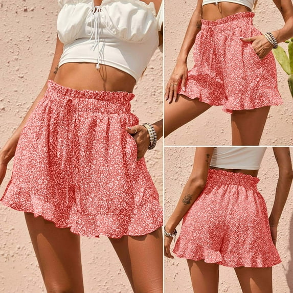Vedolay Women's Casual Elastic High Waist Ruffle Floral Print Short,Red M