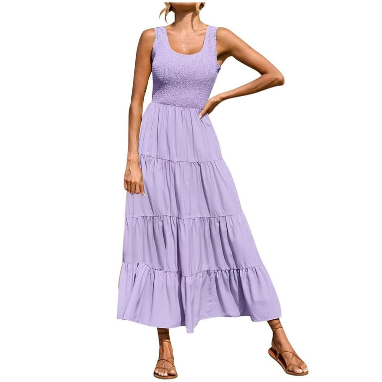 Women's Deep V Neck Midi Dress- Purple