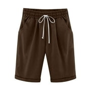 Vedolay Women's Elastic Waist Knee Length Casual Cotton Bermuda Shorts Elastic Waist Drawstring Shorts（Brown,3XL）