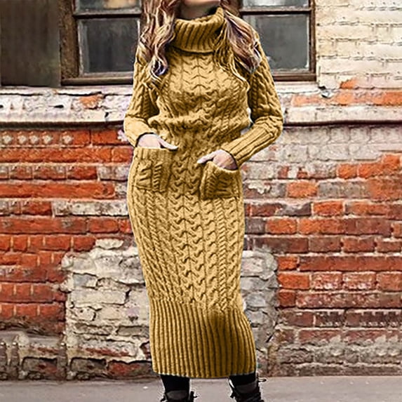 Vedolay Women's Formal Dresses Women's Ribbed Knit Casual Long Sleeve V Neck Pleated A Line Long Sweater Dress,Yellow S