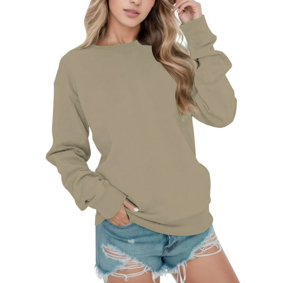 Vedolay Women's Hoodies Long Sleeve Crew Neck Striped Casual Knitted Pullover Tops Khaki,XL