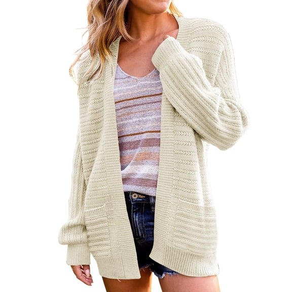 Vedolay Women's Knit Cardigan Sweater Long Sleeve Shawl Collar Button Down Knit Coat with Pockets Beige,M