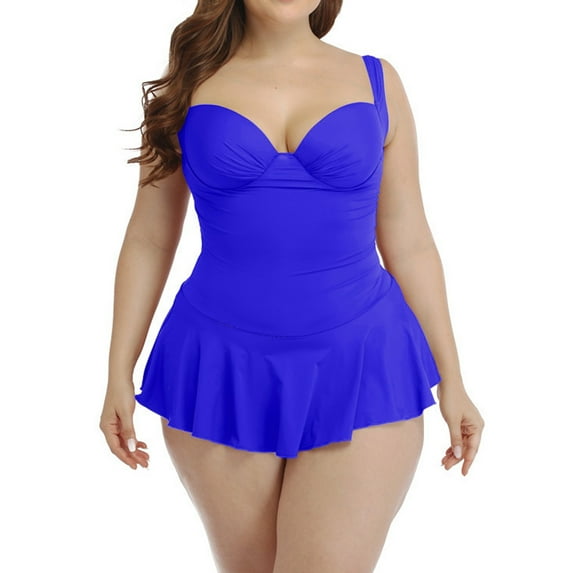 Vedolay Women's Plus Size One Piece Skirt Style Solid Color Swimsuit Set,Blue L