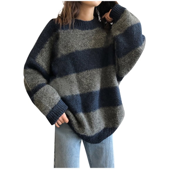 Vedolay Women's Pullover Stripe Crew Neck Long Sleeve Sweater Blue,One Size
