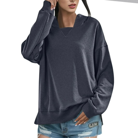 Vedolay Women's Pullover Sweatshirt Fashion 2023 Basic Soft & Comfortable Pullover Crewneck Sweatshirt Zip up Hoodie Y2k Navy,XL