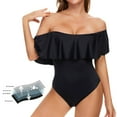 thumbnail image 1 of Vedolay Women's Summer One Piece Off Shoulder Ruffled Tummy Control Solid Color Swimsuit,Black XL, 1 of 5