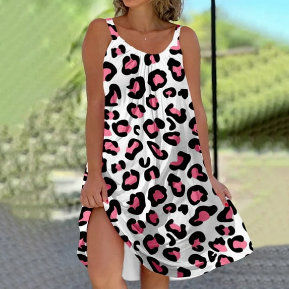 Vedolay Women's Summer Retro Leopard Print Sleeveless Crew Neck Casual Dresses,White XL