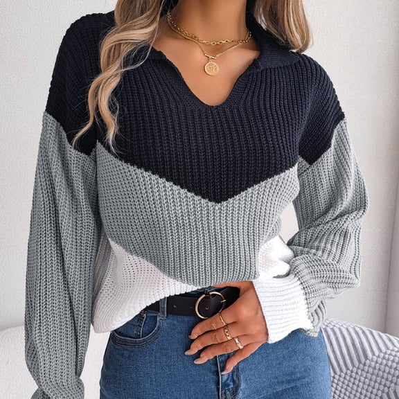 Vedolay Women's Sweaters Womens V Neck Sweater Long Sleeve Drop Shoulder Oversized Knit Pullover Tops,Gray L