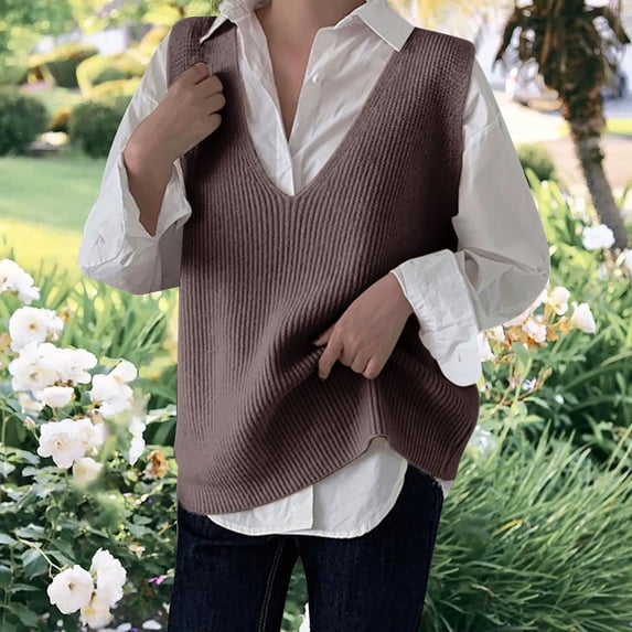 Vedolay Women's Tank Tops Women's Vintage Sleeveless Knit Sweater Vest Loose Fit Neck Tank Top,Coffee One Size