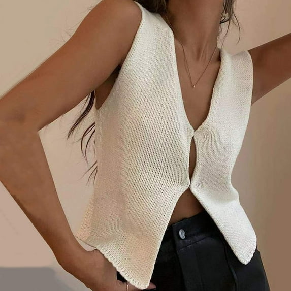 Vedolay Women's Tank Tops Womens Sleeveless Button Down Sweater V Neck Knit Sweater Vest Top,White S