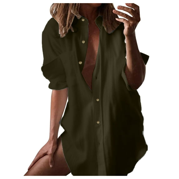 Vedolay Women's Tops Button Down Casual Loose Fit Pullover Tunics Tops Army Green,L