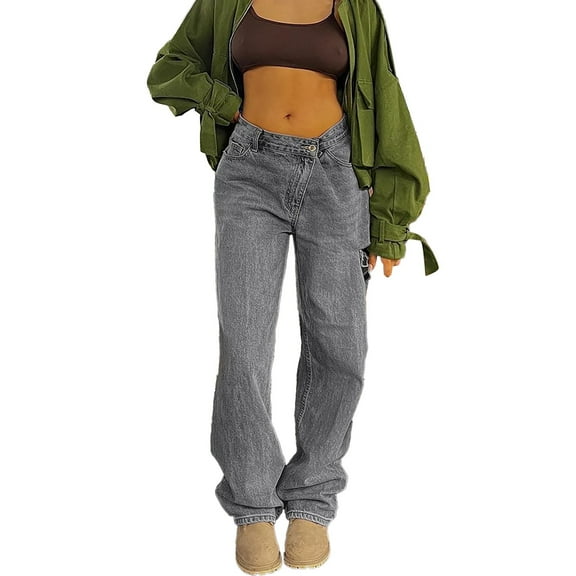 Vedolay Women's Wide Leg Jeans 2023 Ripped Distressed Stretchy Fashion Jeans Grey,M