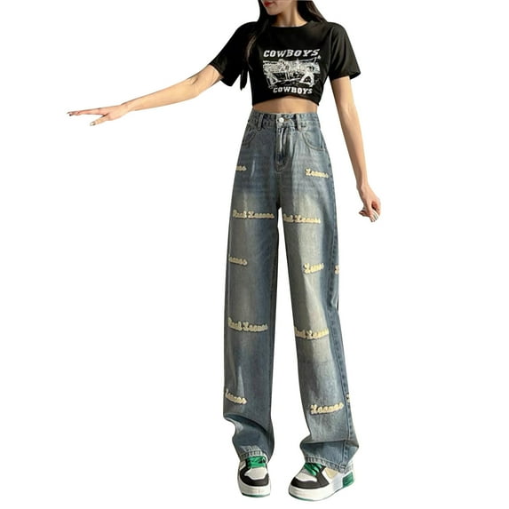 Vedolay Women's Wide Leg Jeans Fashion Casual Print Wide Leg Pants Trousers Beige,S