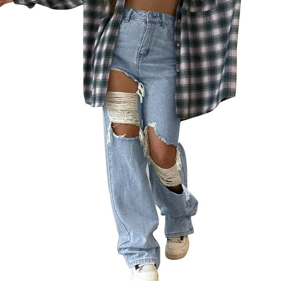 Vedolay Women's Wide Leg Jeans High Stretchy Jeans Fashion Womens Pocket Solid Jeans Blue,M