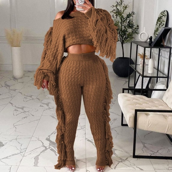 Vedolay Womens 2023 Outfits Women's 2 Piece Outfits Color Block Long Sleeve Top and Pants Set,Coffee L
