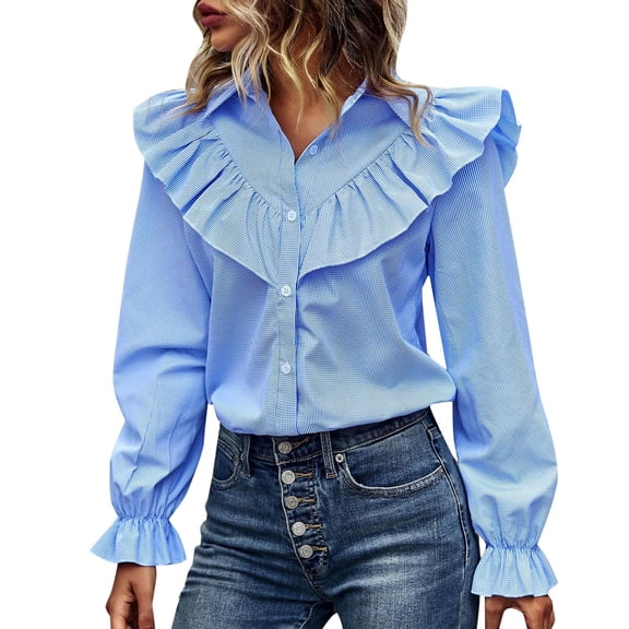 Vedolay Womens Blouses 2023 Buttons O-Neck Floral Print Buttons Vintage Top Blue,M