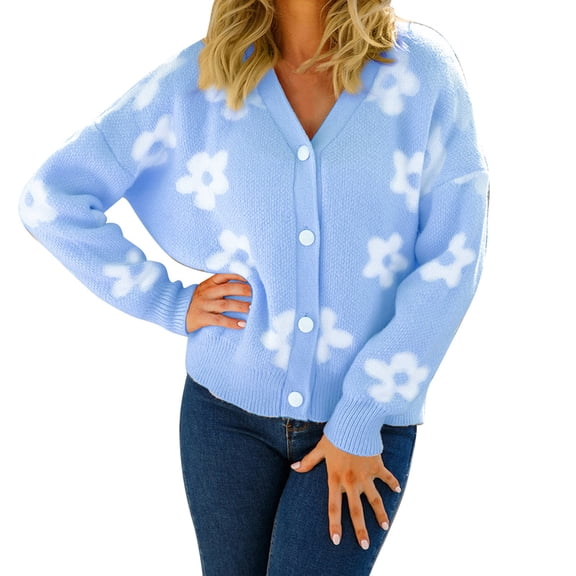 Vedolay Womens Cardigan Sweaters Solid Color Long Sleeve Kintted Casual Sweater Blue,XL