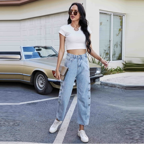 Vedolay Womens Casual Pants Women's High Waisted Straight Leg Jeans Loose Stretchy Trendy Denim Pants,Blue S