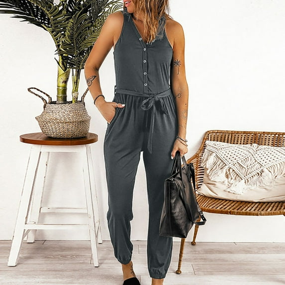 Vedolay Womens Casual Sleeveless Solid Color V-Neck Elastic Waists Jumpsuits with Belted,Gray XL