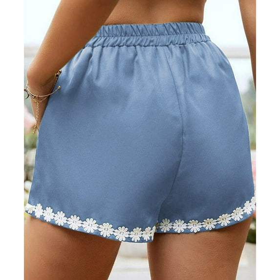 Vedolay Womens Comfy Drawstring Elastic Waist Solid Color Lace Shorts,Blue L