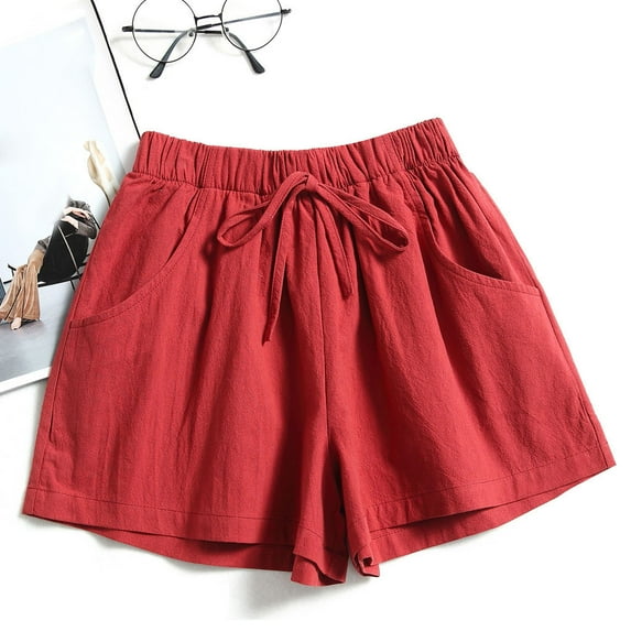 Vedolay Womens Drawstring Solid Color Elastic Waist Casual Beach Shorts,Red XL