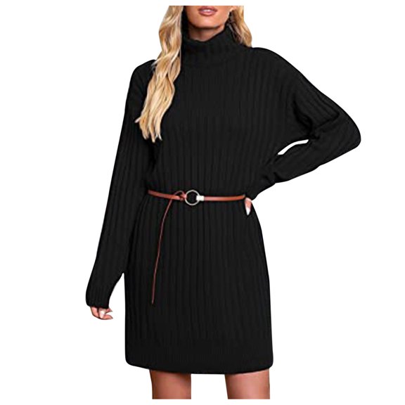 Vedolay Womens Dress Women's Neck Trendy Lantern Sleeve 2023 Ribbed Knit Sweater Dress,Black S