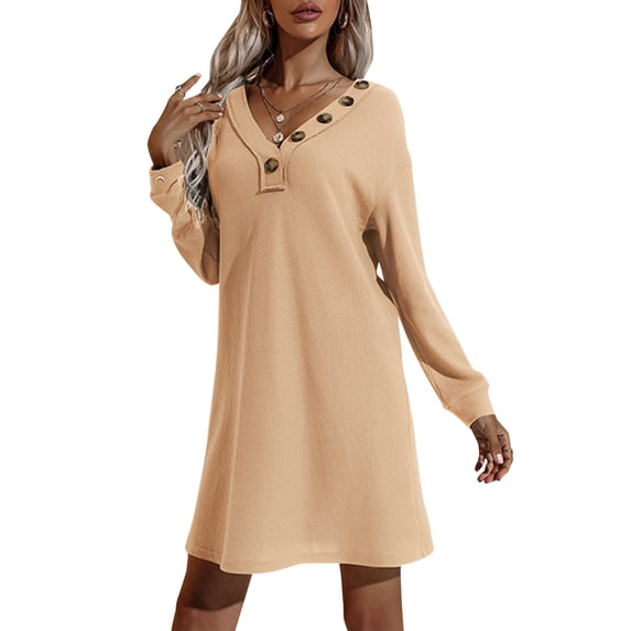 Vedolay Womens Dresses Fall 2023 Women's Casual Fall Long Sleeve Loose Solid Color Ribbed Sweater Dresses,Beige XL
