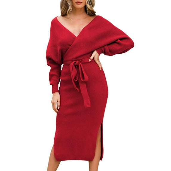 Vedolay Womens Dresses Fall 2023 Womens Elegant V Neck Sweater Dress Long Sleeve Knit Dress with Belted,Red L