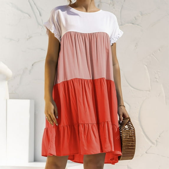 Vedolay Womens Dresses Splicing Color Crew Neck Short Sleeve Loose Dress,Orange S