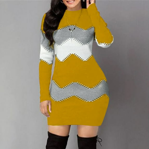 Vedolay Womens Dresses Women's Casual Fall Winter Long Sleeve Loose Dress Sweater with Pockets,Yellow 4XL