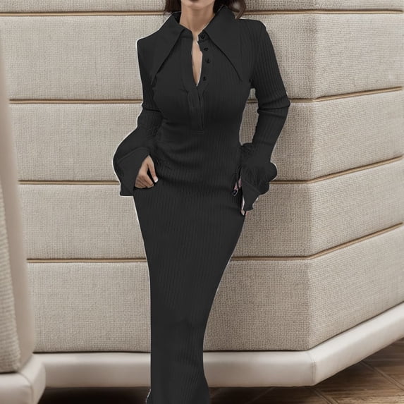 Vedolay Womens Dresses Women's Long Sleeve Pullover Ribbed Knit Short Fall Clothes Sweater Dress,Black M