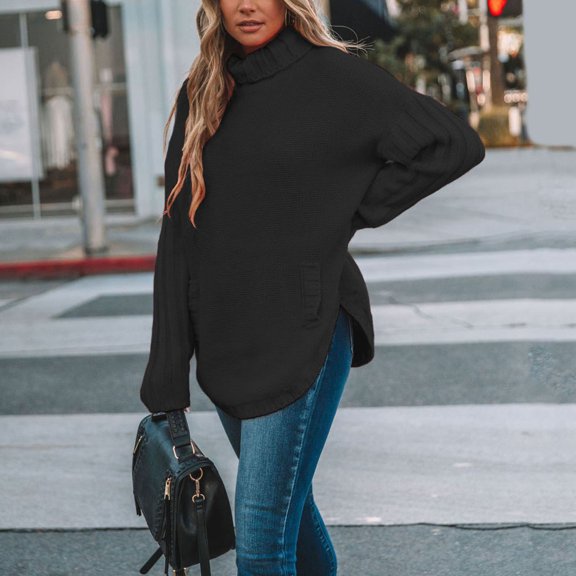 Vedolay Womens Fall Sweaters Womens Crewneck Sweater 2023 Fall Oversized Side Slit Ribbed Knit Pullover Tops,Black S