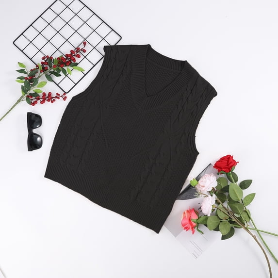Vedolay Womens Fall Tops Women's Sweater Vest Crew Neck Sleeveless Casual Knit Sweater Tanks,Black L