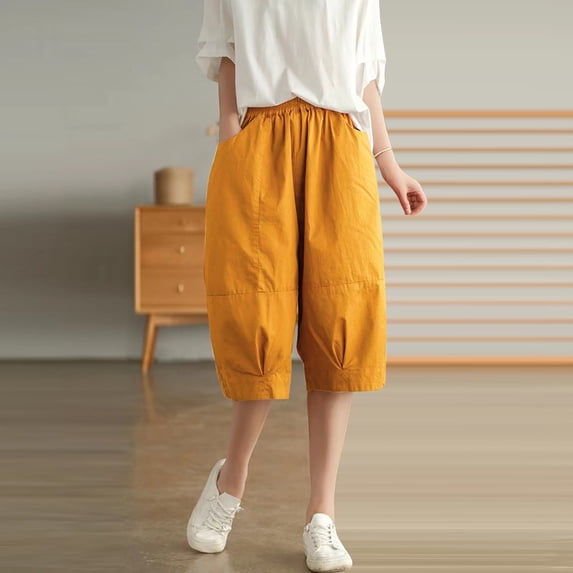 Vedolay Womens High Waisted Shorts Short for Womens Summer Casual Shorts Elastic Waist Side with Pockets,Yellow L