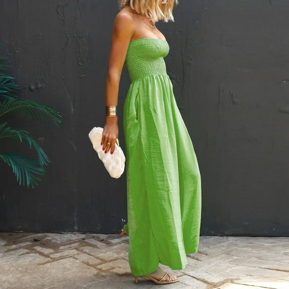 Vedolay Womens Jumpsuit Women's Loose Casual Sleeveless Adjustable Spaghetti Strap Jumpsuits Stretchy Wide Leg Rompers,Green S