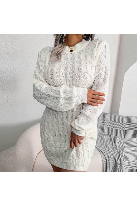 Womens Long Sleeve Dress Womens Neck Ribbed Long Sleeve Pullover Cute Mini Sweater Dress,White S