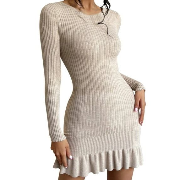 Vedolay Womens Long Sleeve Dress Womens V Neck Knit Sweater Midi Dress Long Sleeve Sweater Pencil Dresses,White XXL