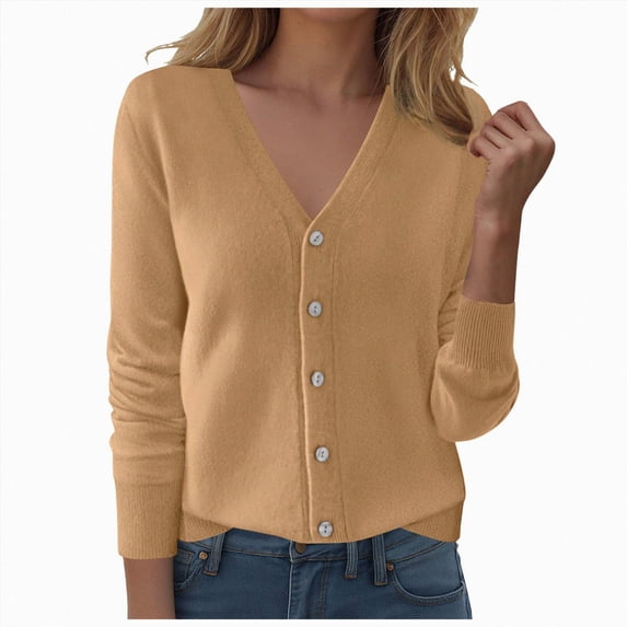 Vedolay Womens Long Sleeve Knit Cardigan Sweaters Casual Dressy Open Front Button Down Cardigans Fall Outfits (Khaki,XL)