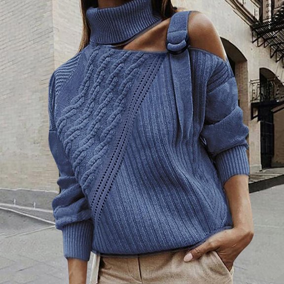 Vedolay Womens Long Sleeve Tops Womens Fall Sweaters 2023 Knitted V-Neck Collared Pullover Long Sleeve Top,Blue M