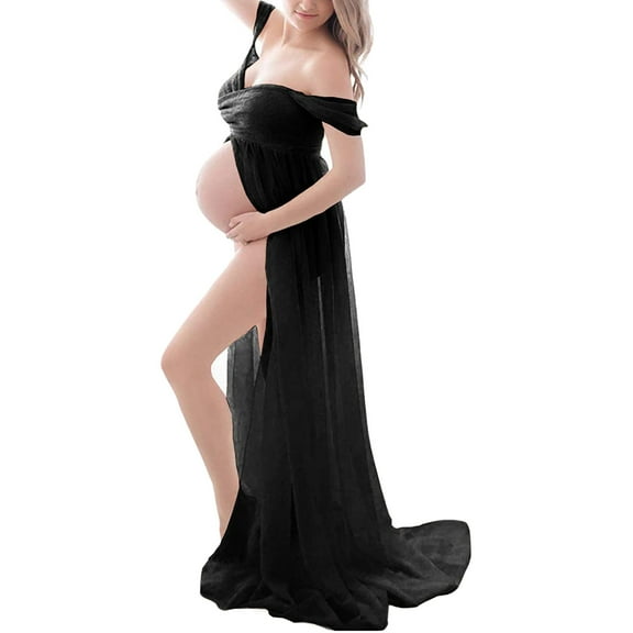 Vedolay Womens Off Shoulders Short Sleeve Solid Color Maternity Long Dress,Black XL