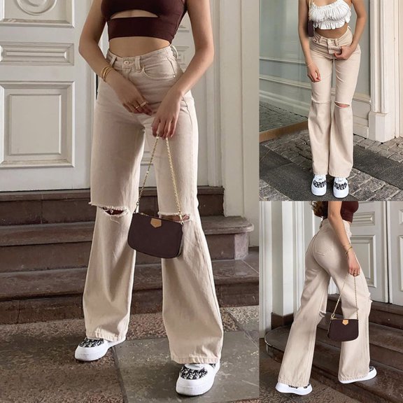 Vedolay Womens Pants Women's High Waisted Straight Leg Jeans Loose Stretchy Trendy Denim Pants,Beige S