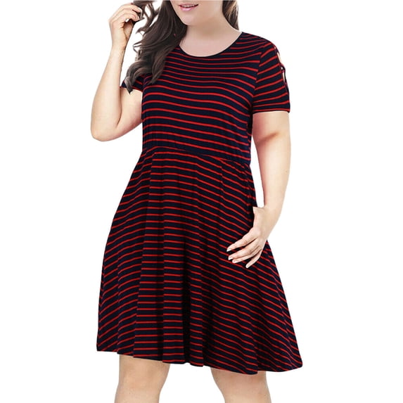 Vedolay Womens Plus Size Dress Crew Neck Cold Sleeve Fashion Stripe Dress,Red 4XL