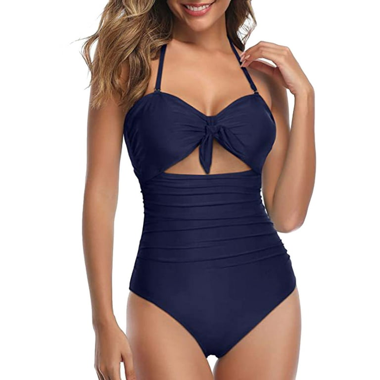 Vedolay Womens Plus Size Swimsuit Women's One Piece Swimsuit Striped Scoop  Neck Cross Back Beach Swimwear Bathing Suits,C-Navy XL 