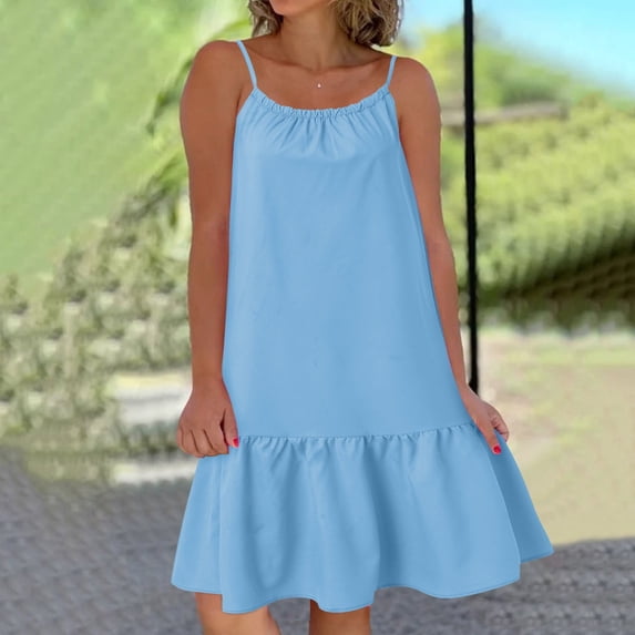 Vedolay Womens Summer Crew Neck Sleeveless Spaghetti Strap Solid Color Dress,Blue XL