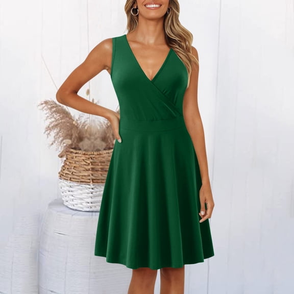 Vedolay Womens Summer Dresses Plus Size Flutter Sleeve Dress Deep V Neck A-Line Swing Midi Dresses,Green M