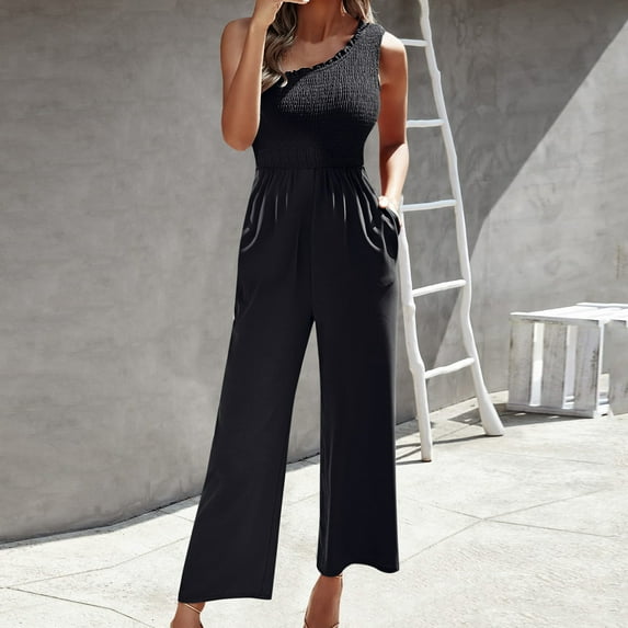 Vedolay Womens Summer One Shoulder High Waist Solid Color Casual Loose Jumpsuit,Black XXL