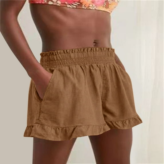 Vedolay Womens Summer Shorts Comfy Casual Ruffle Shorts with Pockets,Z2-Khaki L