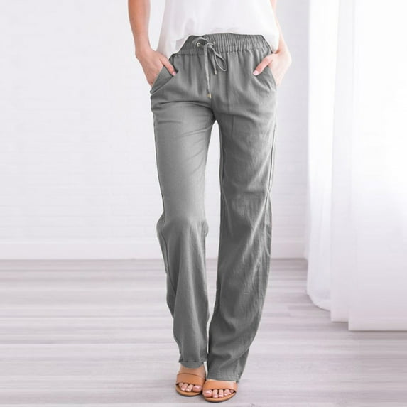 Vedolay Womens Summer Solid Color Drawstring Elastic Waist Straight Casual Pants,Gray S