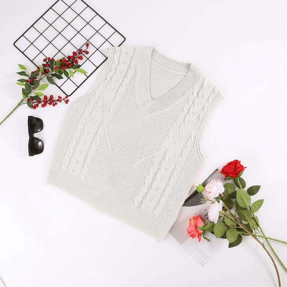 Vedolay Womens Sweater Vest Women's Sleeveless Knit Loose Fit Neck Sleeve Casual Sweater Vest,White S